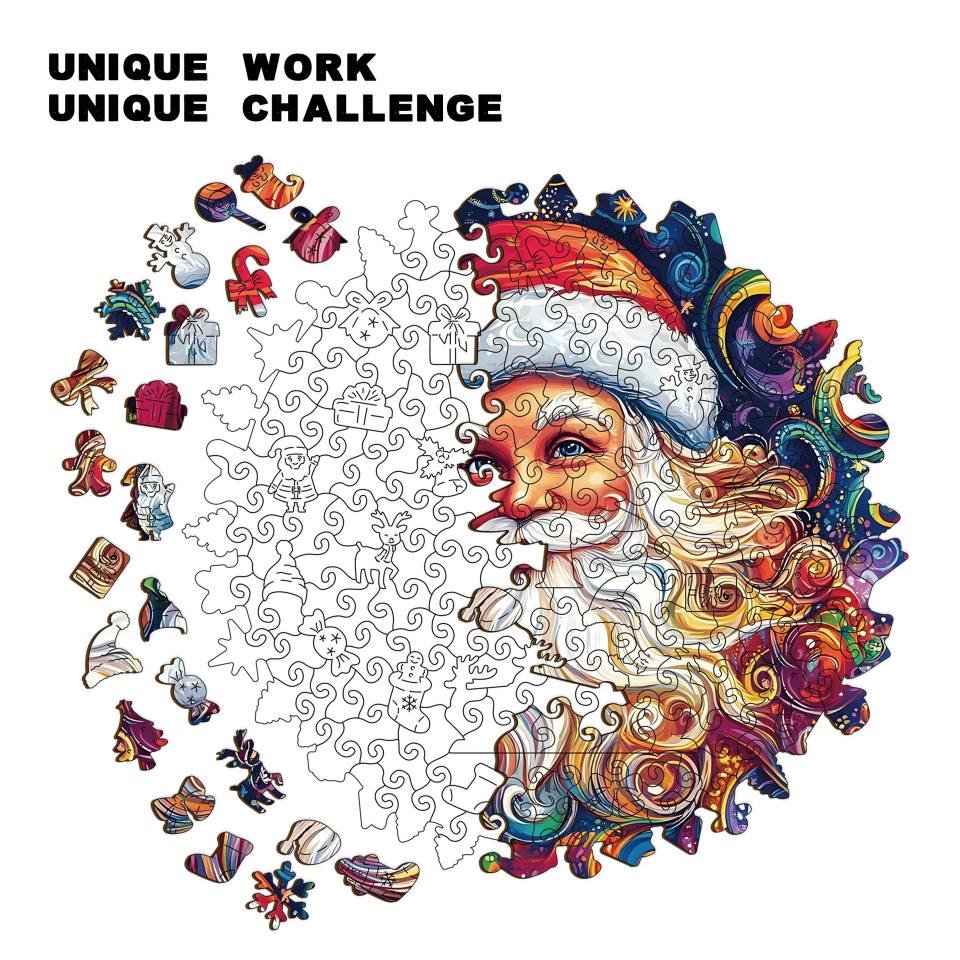 Vibrant Santa Portrait Wooden Jigsaw Puzzle - Psychedelic Christmas Art