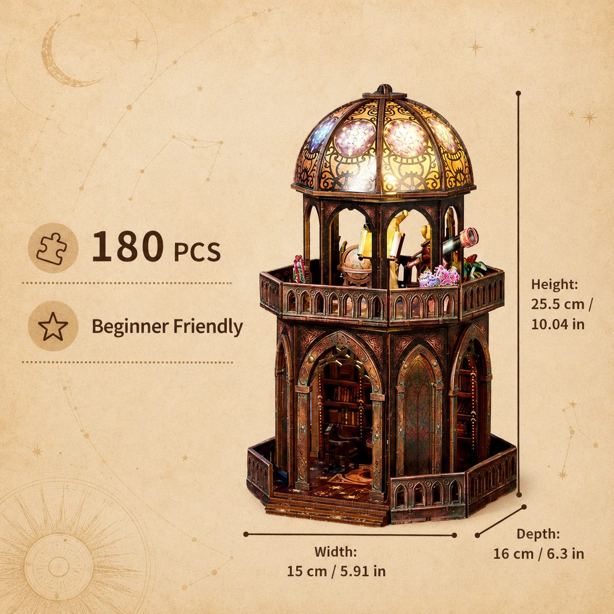 A 180-piece wooden model kit of a gothic-style miniature library or observatory dome, shown with dimension lines indicating its height, width, and depth on a textured beige parchment background.