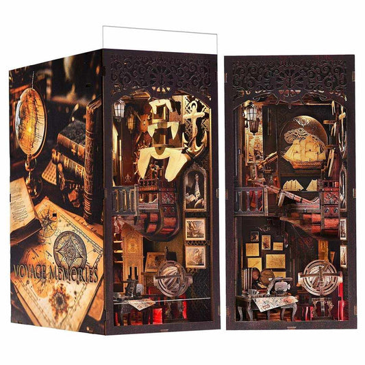 Wooden Book Nook with intricate designs and classic miniature nautical instruments and decorations