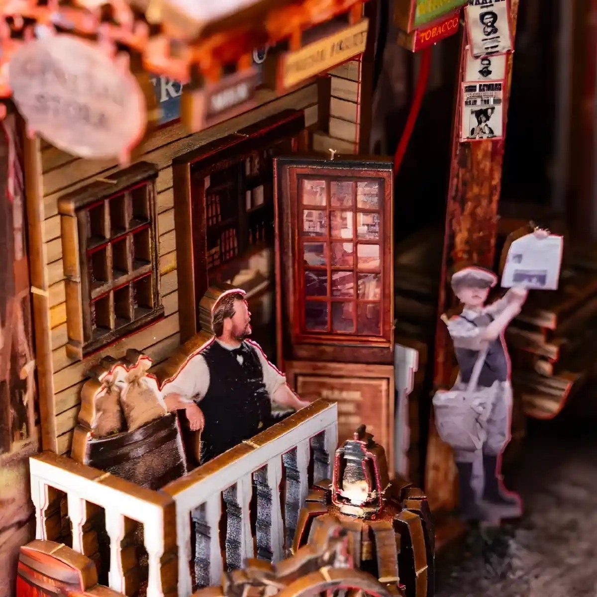 Detailed model of a western town scene with people and vintage decor.