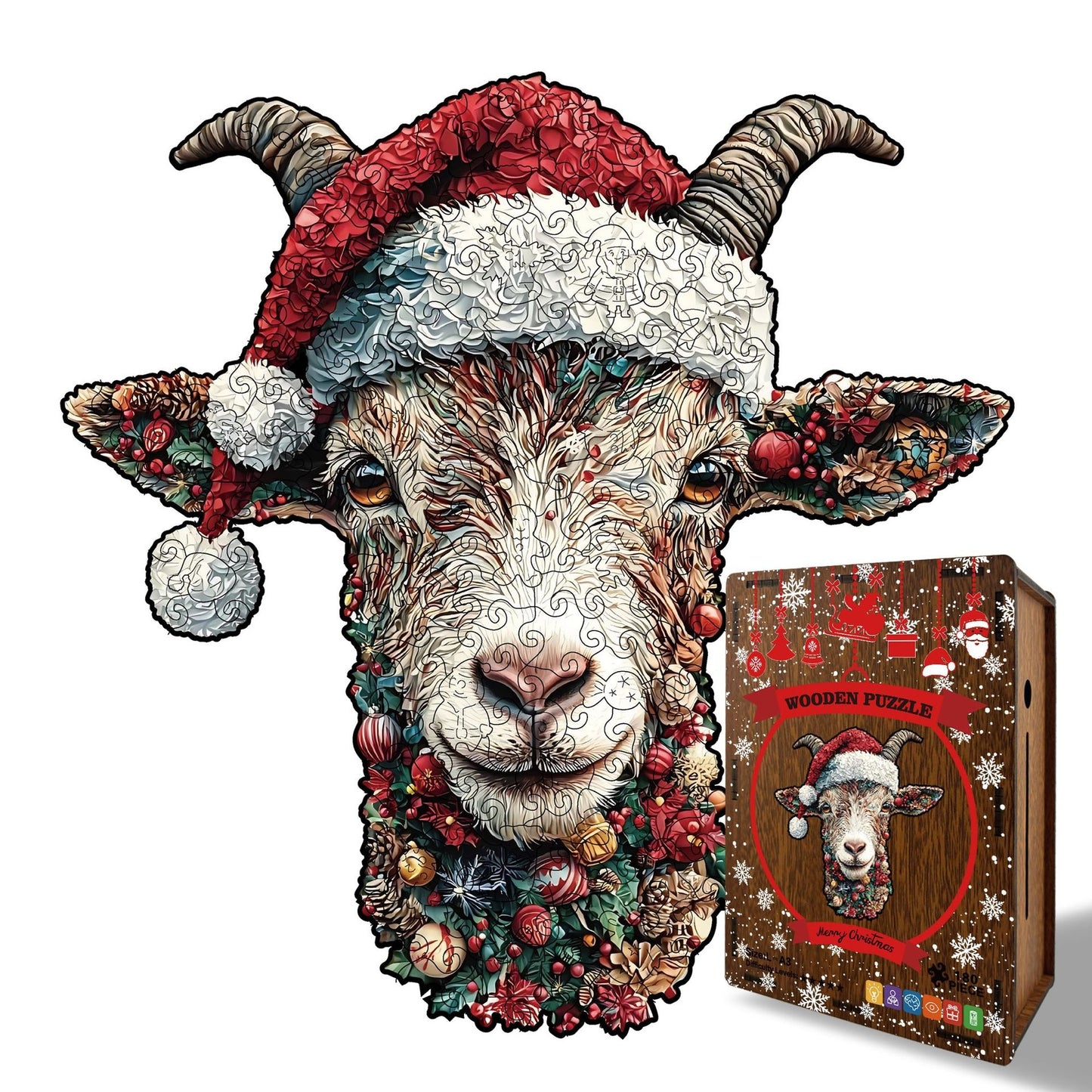 Whimsy Christmas Goat Wooden Jigsaw Puzzle