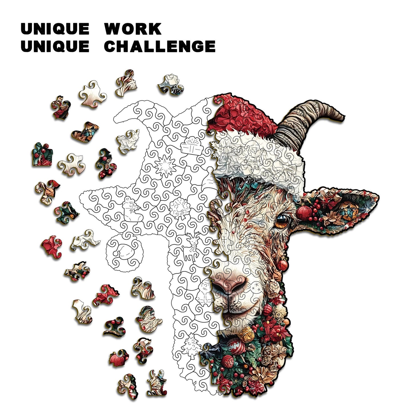 Whimsy Christmas Goat Wooden Jigsaw Puzzle