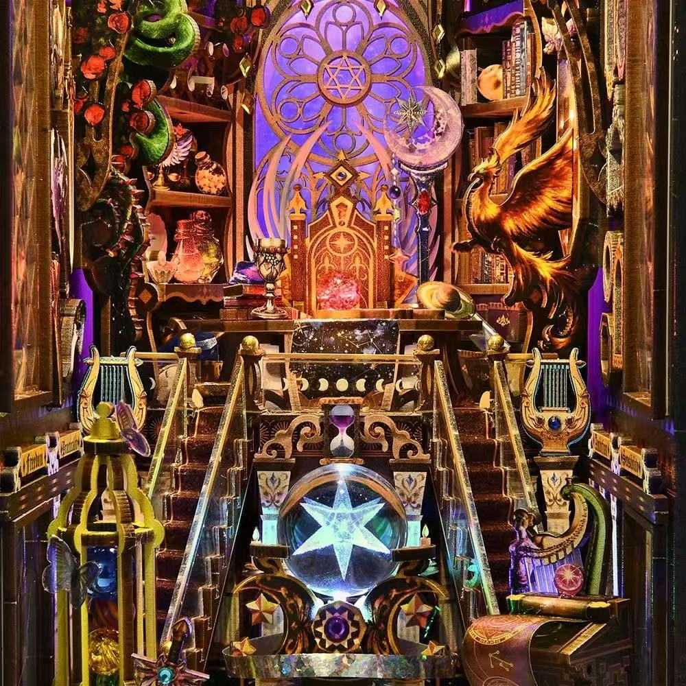 diorama interior with mystical celestial elements, including a stained glass window, books, and decorative items.