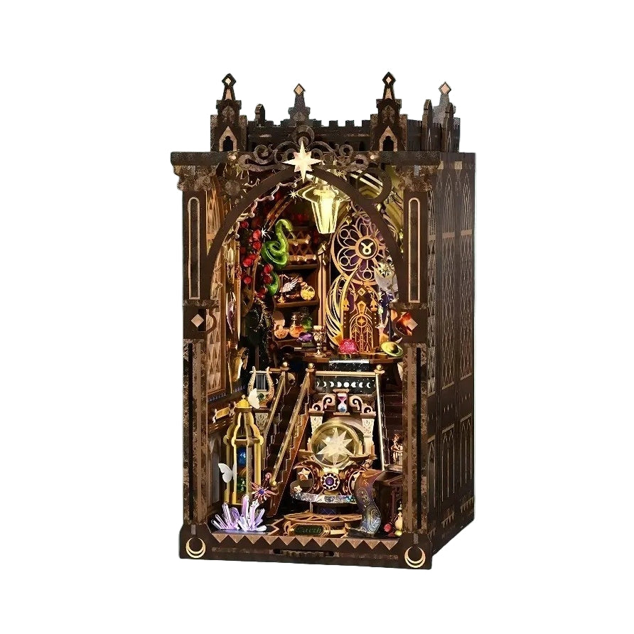 Detailed book nook model of a gothic-style Zodiac Fantasy city with intricate designs and lighting