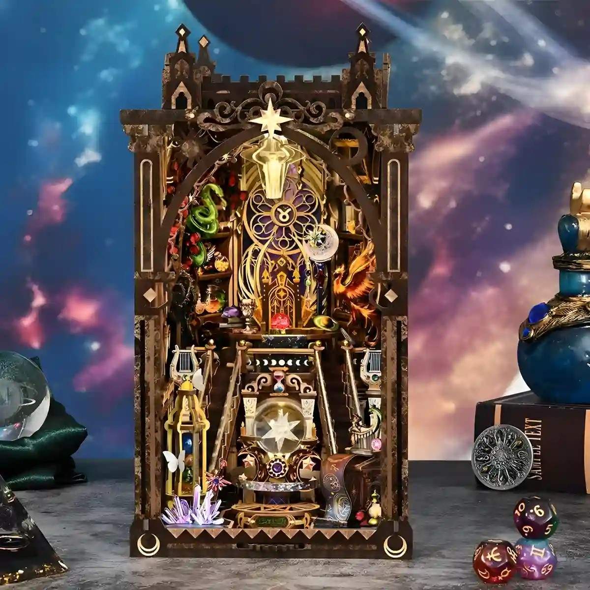 12 zodiacs inspired wooden book nook with intricate designs against a cosmic background