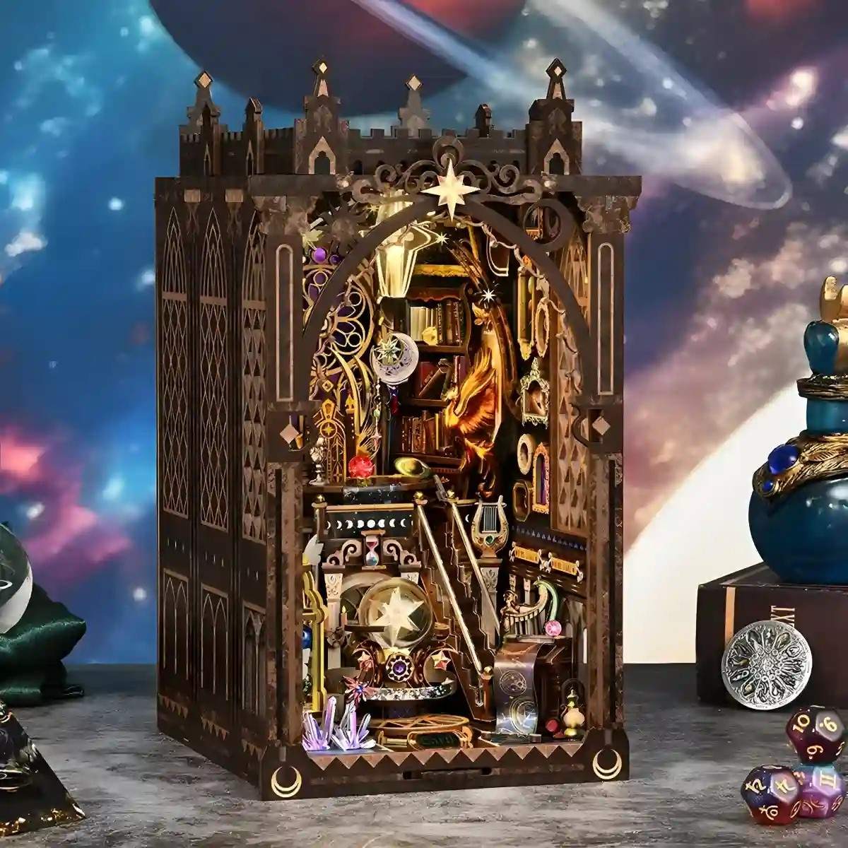 Decorative wooden book nook with intricate details against a cosmic background