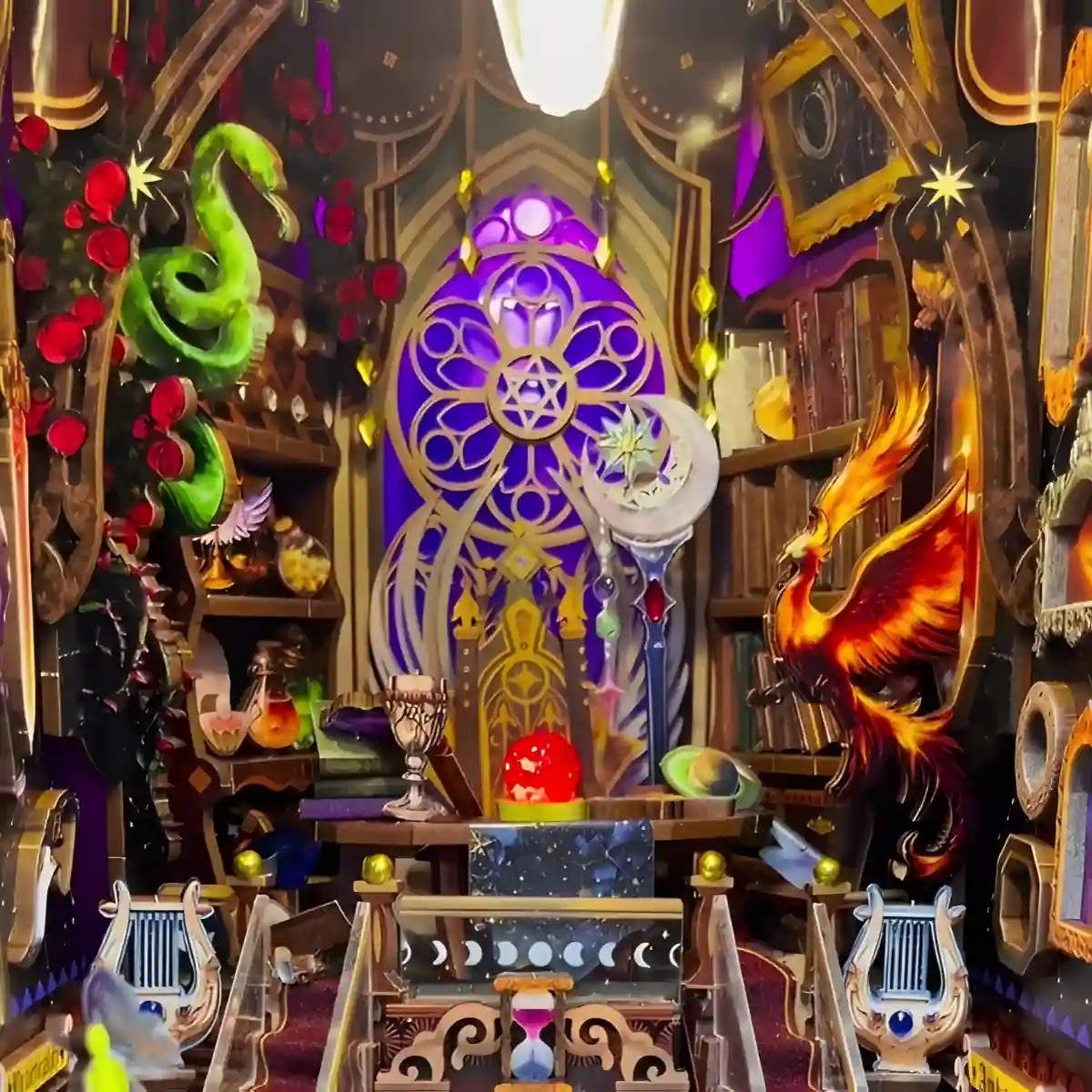 Fantasy room with magical decor, including a phoenix, books, and mystical objects in a Zodiac-themed book nook