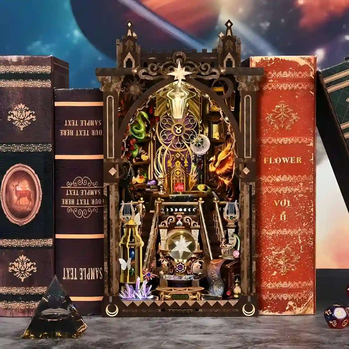 Decorative zodiac-themed book nook with intricate design surrounded by books against a cosmic background