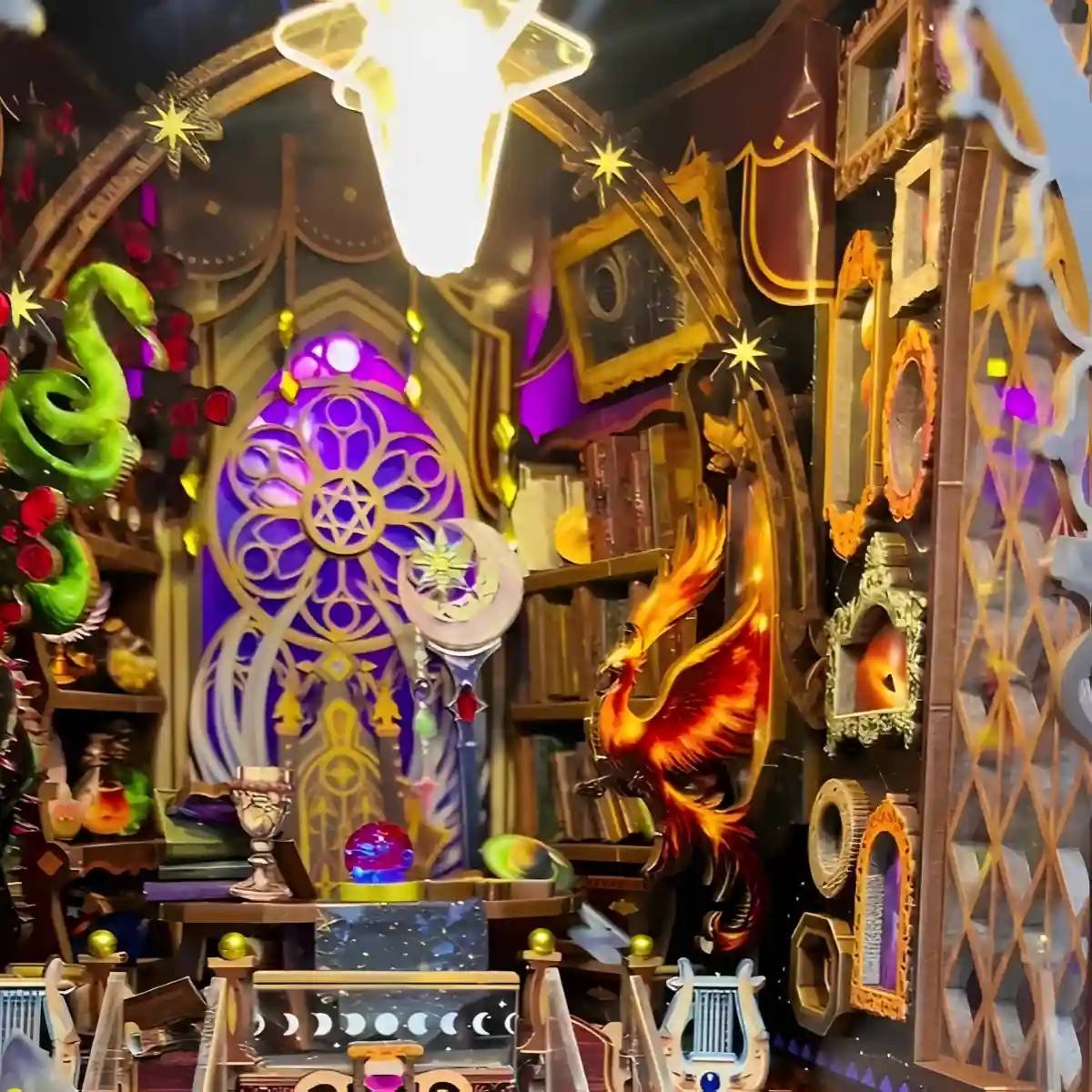 Decorative diorama interior with fantasy elements, including a phoenix and stained glass window.