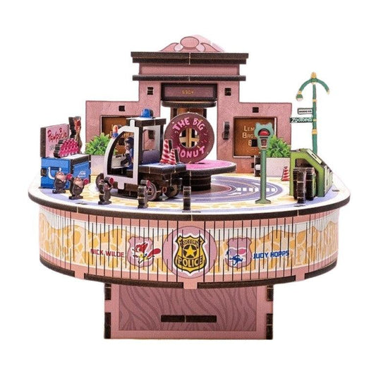 Zootopia 3D Wooden Puzzles Music Box, a miniature crafts with classic detailed scenes, musical movement, and easy snap-in design, perfect for wooden music box lovers, model building lovers, dollhouse collectors, A great DIY project for Disney animation lovers.