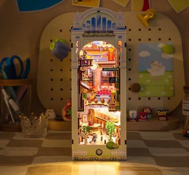 Zootopia DIY Book Nook Kit, a miniature crafts inspired by the film "Zootopia" with rich detailed scenes, iconic characters, sensor light, and easy snap-in design, perfect for 3D puzzles bookend lovers, model building lovers, dollhouse collectors, bookshelf insert decor, A great DIY project for Zootopia fans.