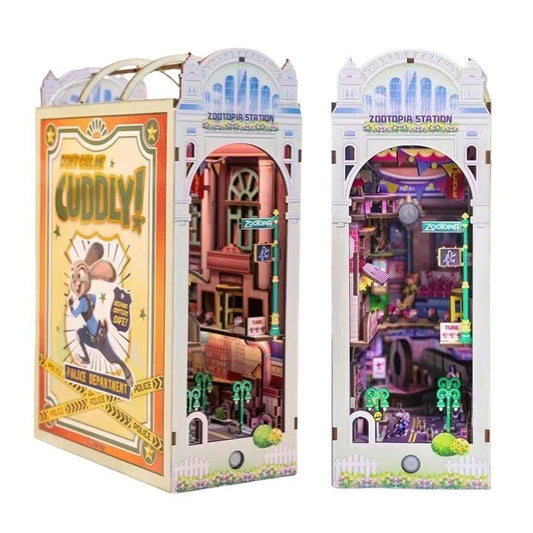Zootopia DIY Book Nook Kit, a miniature crafts inspired by the film "Zootopia" with rich detailed scenes, iconic characters, sensor light, and easy snap-in design, perfect for 3D puzzles bookend lovers, model building lovers, dollhouse collectors, bookshelf insert decor, A great DIY project for Zootopia fans.