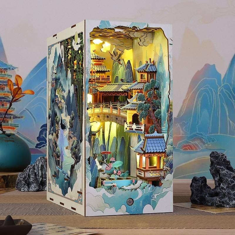 Ancient Fairyland DIY Book Nook Kit, A charming fairyland themed miniature puzzle crafts inspired by Chinese folklore and mythology, perfect for DIY crafting enthusiasts and dollhouse collectors alike. Ideal for bookshelf decor of gift for Chinese folklore and mythology lovers, left angle