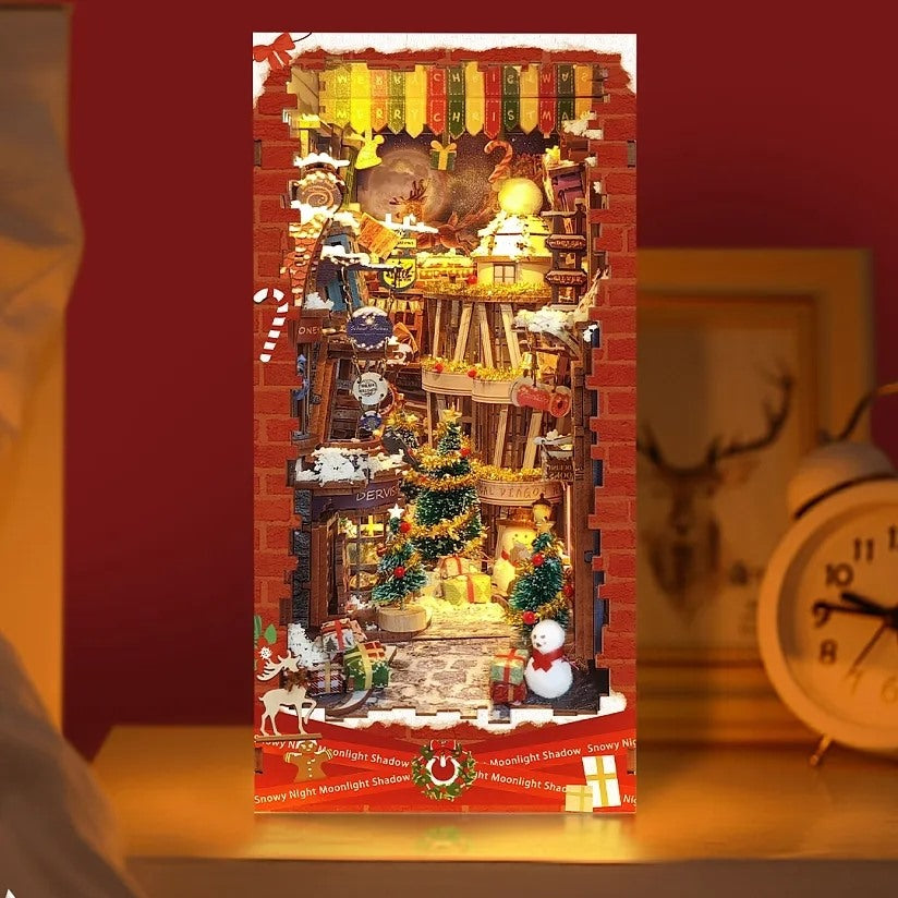 Diagon Alley on Christmas Day DIY Book Nook Kit - 3d wooden bookend - bookshelf insert diorama - miniature crafts