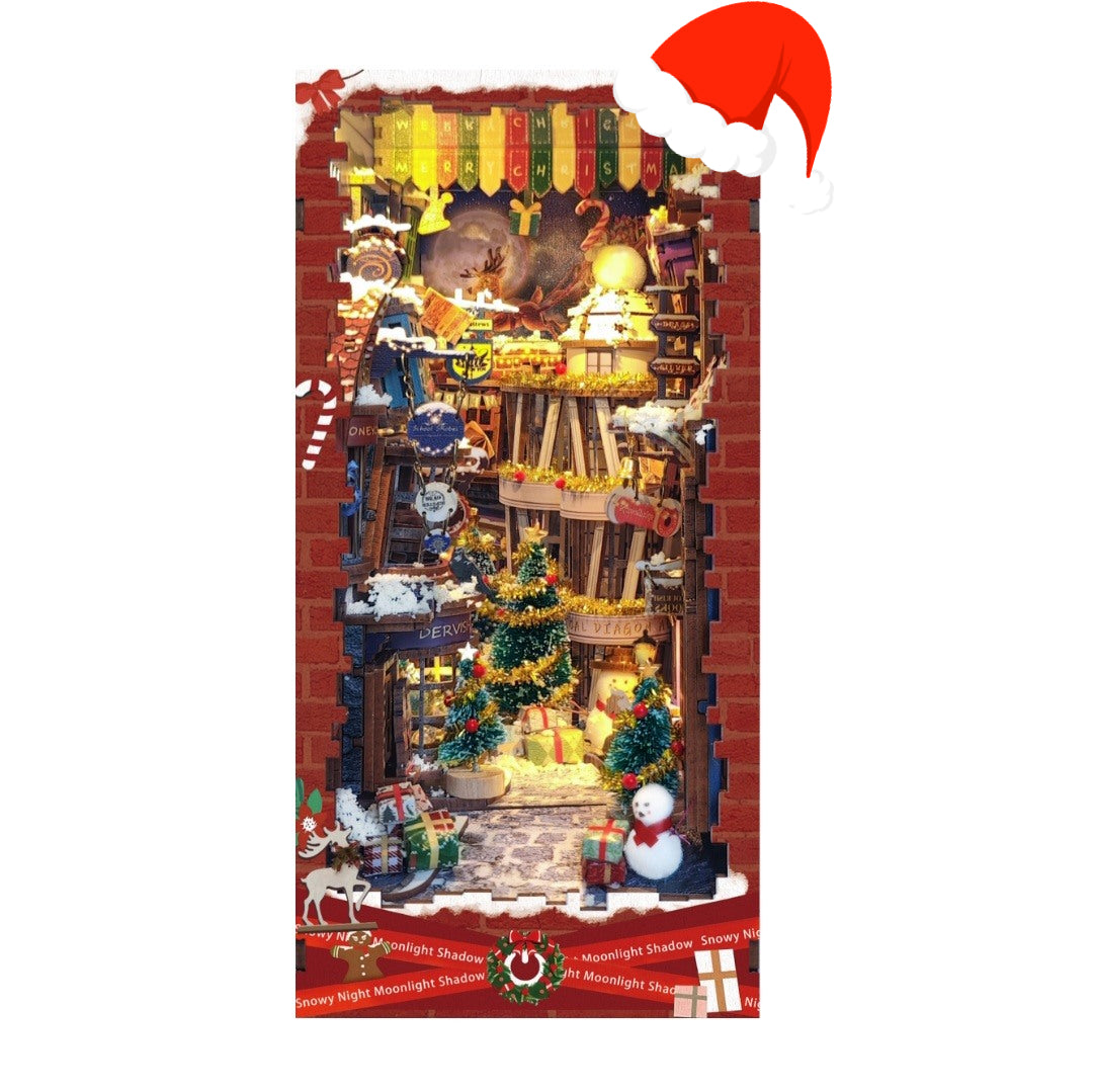image displaying a finished Christmas Snowy Night Diagon Alley DIY Book Nook Kit wearing a Christmas hat