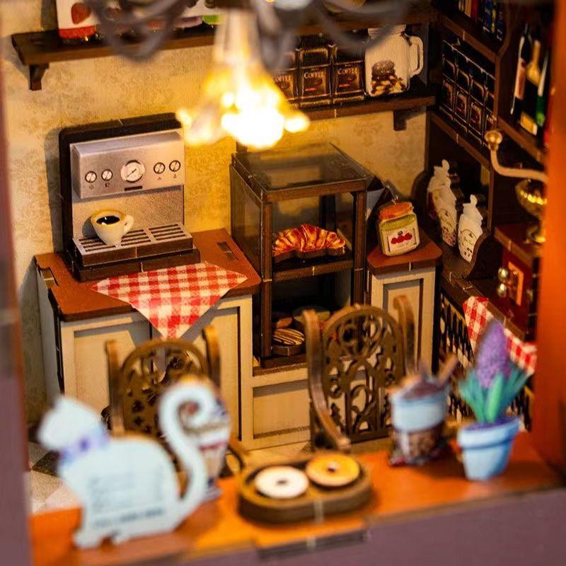 Coffee Shop DIY Book Nook Kit, A charming cafe themed miniature puzzle crafts, perfect for DIY crafting enthusiasts and dollhouse collectors alike. Ideal for bookshelf decor of gift for coffee lovers, details