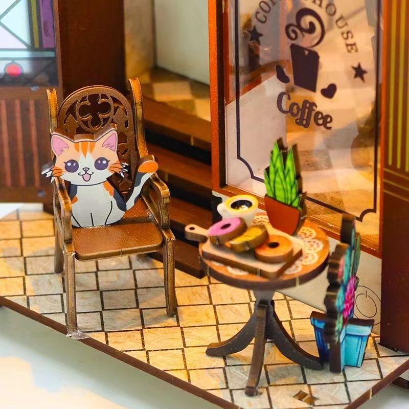Coffee Shop DIY Book Nook Kit, A charming cafe themed miniature puzzle crafts, perfect for DIY crafting enthusiasts and dollhouse collectors alike. Ideal for bookshelf decor of gift for coffee lovers, details 2