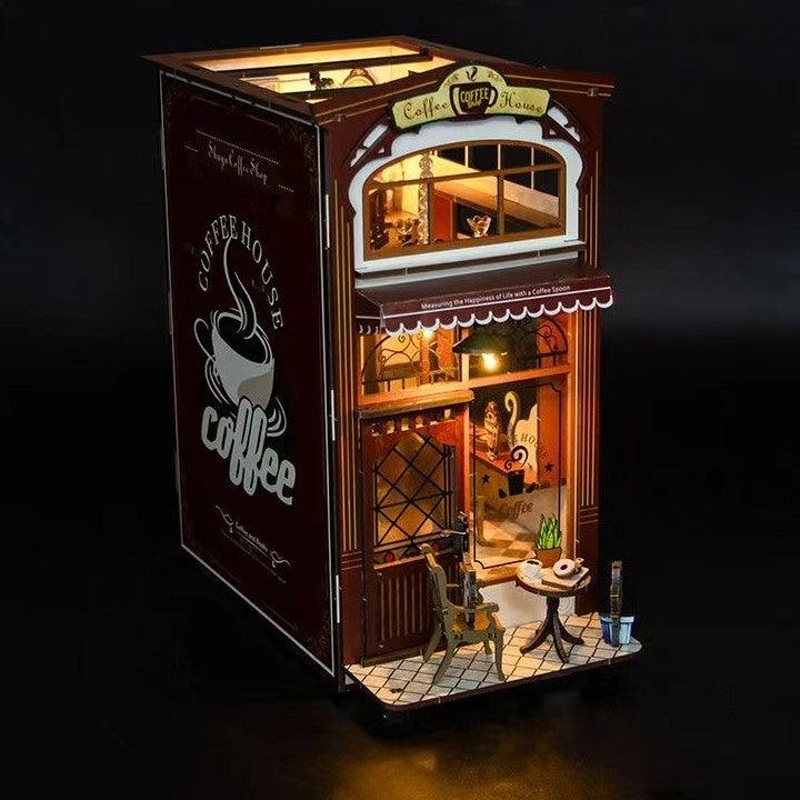 Coffee Shop DIY Book Nook Kit, A charming cafe themed miniature puzzle crafts, perfect for DIY crafting enthusiasts and dollhouse collectors alike. Ideal for bookshelf decor of gift for coffee lovers, warm light