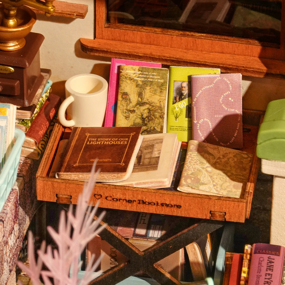 a close-up miniature scene of Corner Bookstore DIY Miniature