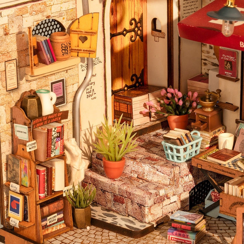 a close-up miniature scene of Corner Bookstore DIY Miniature