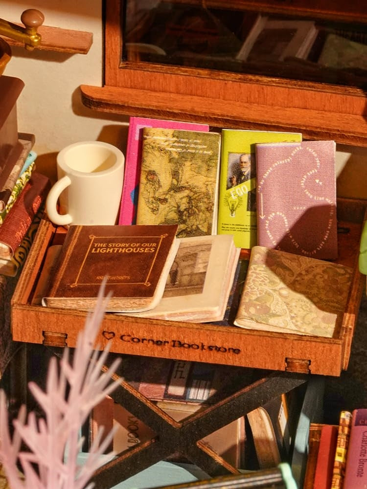 a close-up miniature scene of Corner Bookstore DIY Miniature