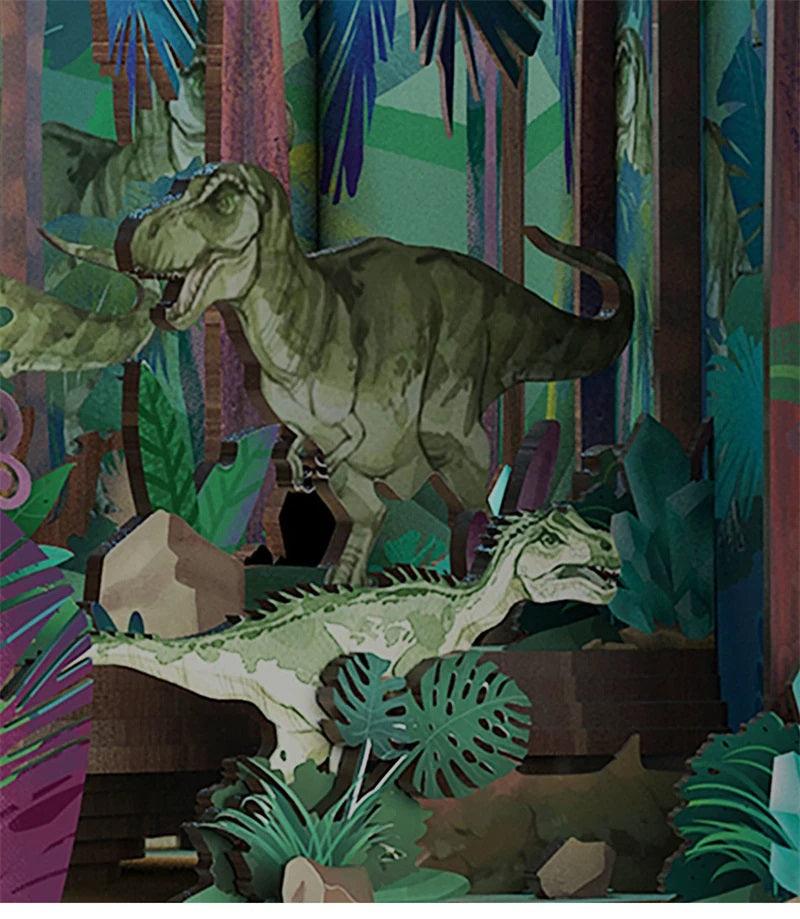 Dinosaur World DIY book nook kit, adventurers bookshelf insert decor diorama, 3d wooden puzzles book end, miniature house crafts - detail