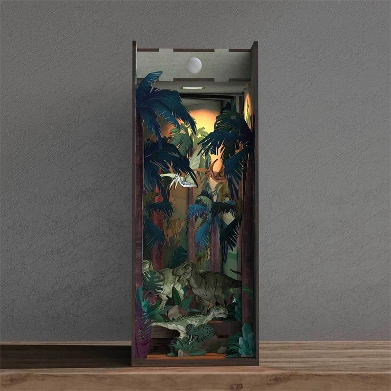 Dinosaur World DIY book nook kit, adventurers bookshelf insert decor diorama, 3d wooden puzzles book end, miniature house crafts - front