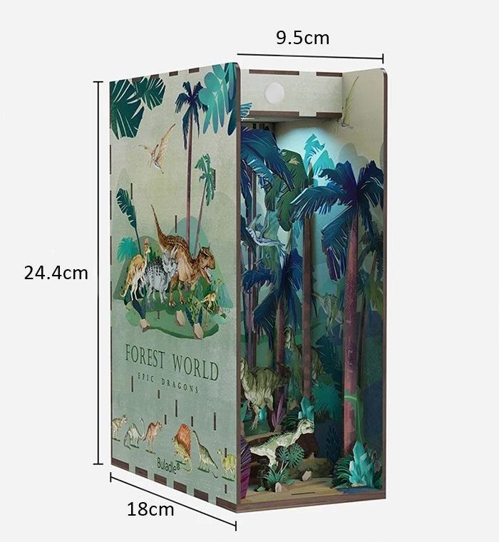 Dinosaur World DIY book nook kit, adventurers bookshelf insert decor diorama, 3d wooden puzzles book end, miniature house crafts - size