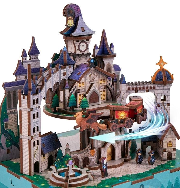 image displaying the Gargoyle Train hovering around the castle in the assembled Magical Castle 3D Wooden Music Box Puzzle, which is inspired by the Hogwarts in Harry Potter