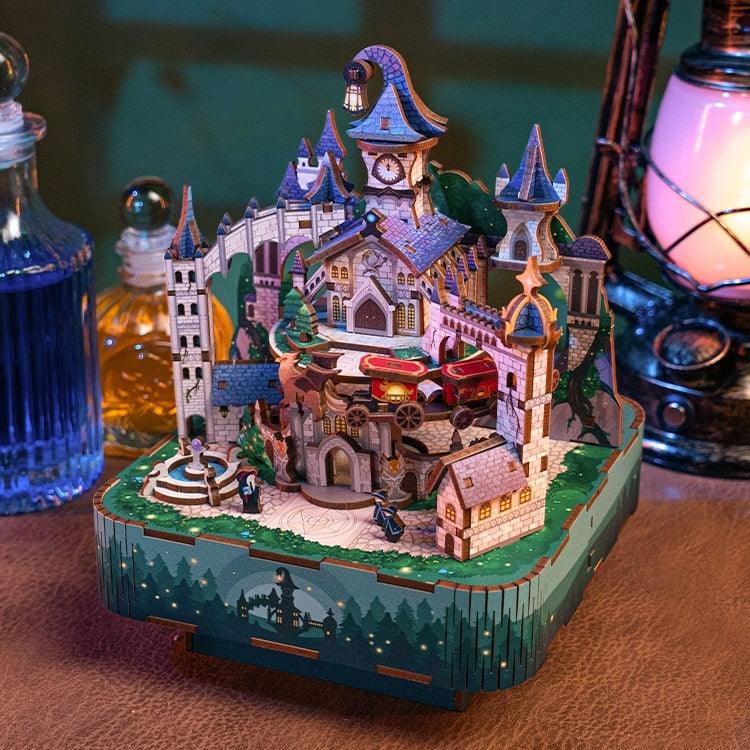 image displaying the top view of an assembled Magical Castle DIY Wooden Music Box Puzzle inspired by the Hogwarts in Harry Potter on table