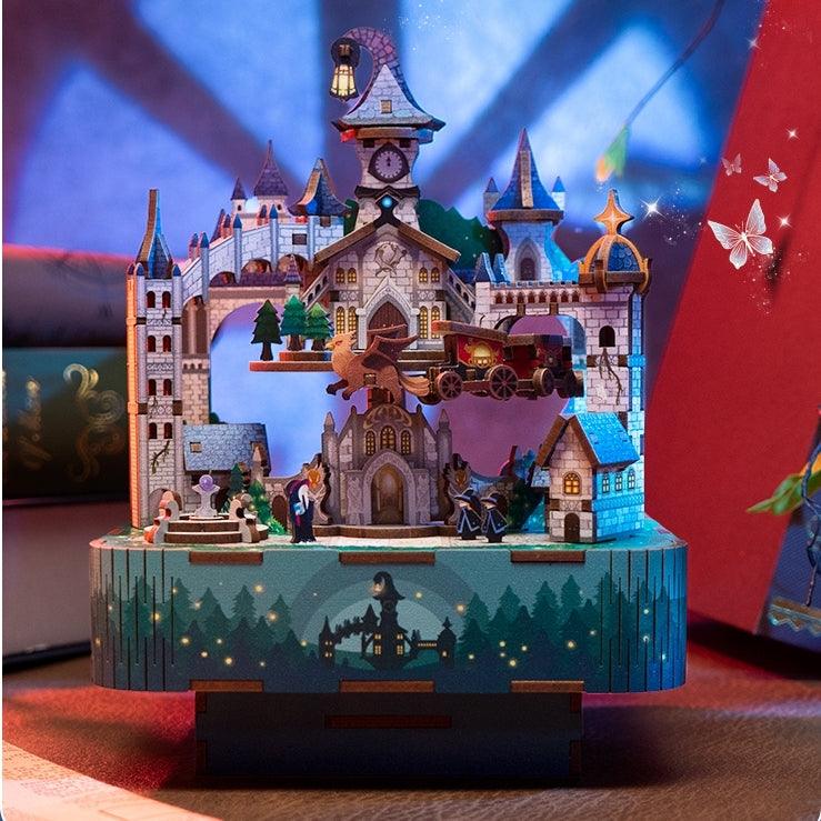 image displaying the assembled Magical Castle DIY Wooden Music Box Puzzle inspired by the Hogwarts in Harry Potter on table