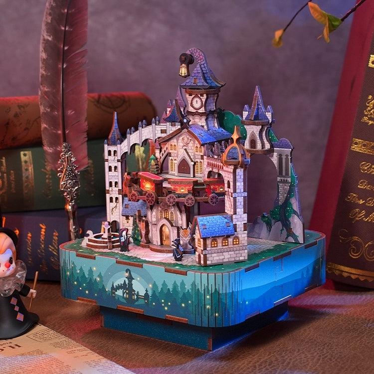 image displaying the right side view of assembled Magical Castle DIY Wooden Music Box Puzzle inspired by the Hogwarts in Harry Potter on table