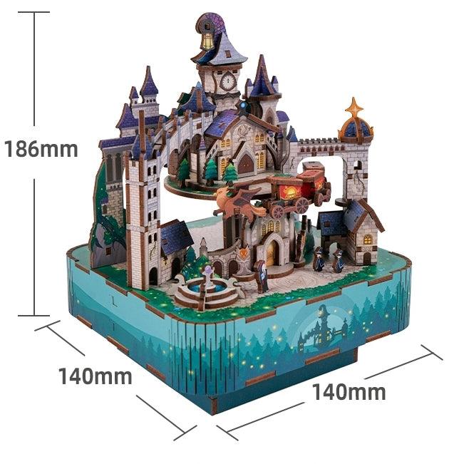 image displaying the dimensions of assembled Magical Castle DIY Wooden Music Box Puzzle inspired by the Hogwarts in Harry Potter on table