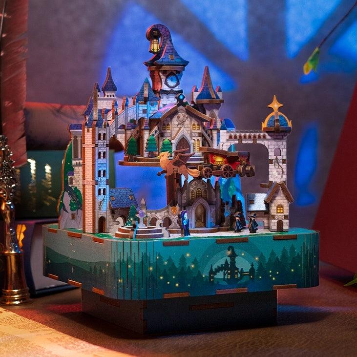 image displaying the left side view of assembled Magical Castle DIY Wooden Music Box Puzzle inspired by the Hogwarts in Harry Potter on table