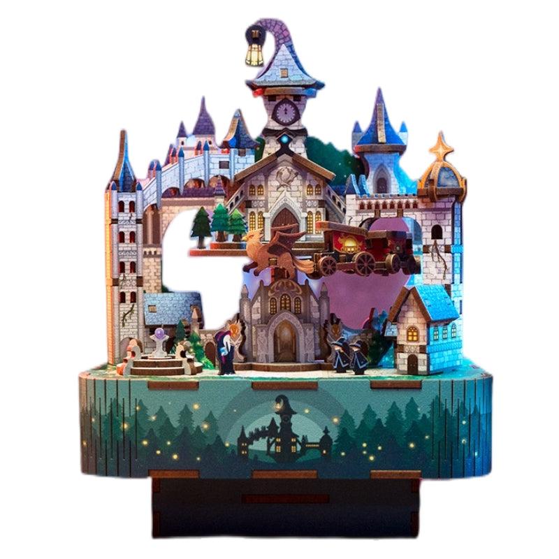 image displaying the assembled Magical Castle DIY Wooden Music Box Puzzle, which is inspired by the Hogwarts in Harry Potter