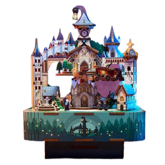 image displaying the assembled Magical Castle DIY Wooden Music Box Puzzle, which is inspired by the Hogwarts in Harry Potter