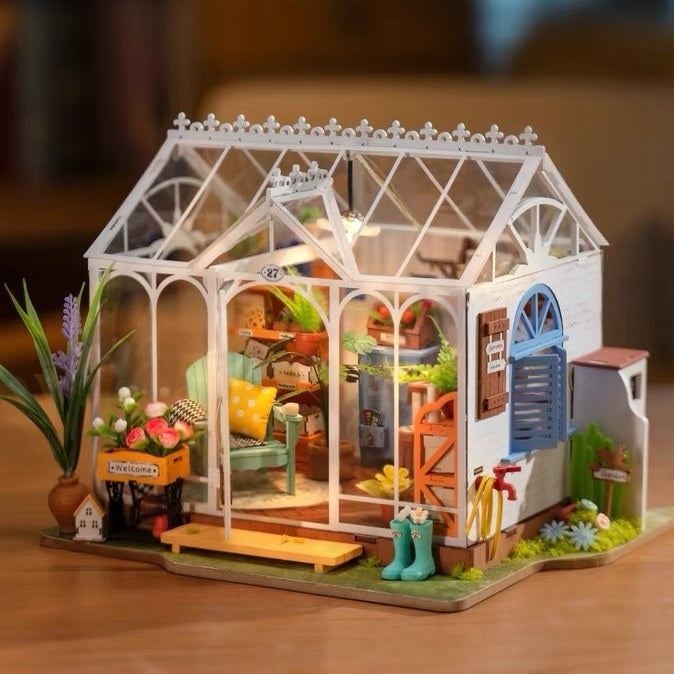 Dreamy Garden House DIY miniature house kit, A charming greenhouse themed home decor dollhouse, perfect for gifting, crafting enthusiasts and dollhouse or mini-scale model collectors alike.