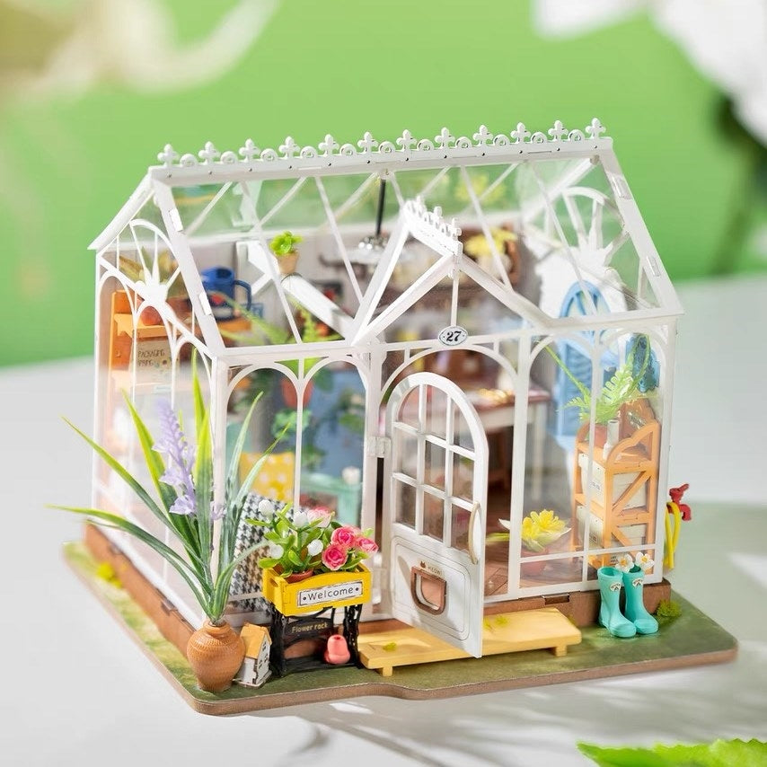 Dreamy Garden House DIY miniature house kit, A charming greenhouse themed home decor dollhouse, perfect for gifting, crafting enthusiasts and dollhouse or mini-scale model collectors alike.