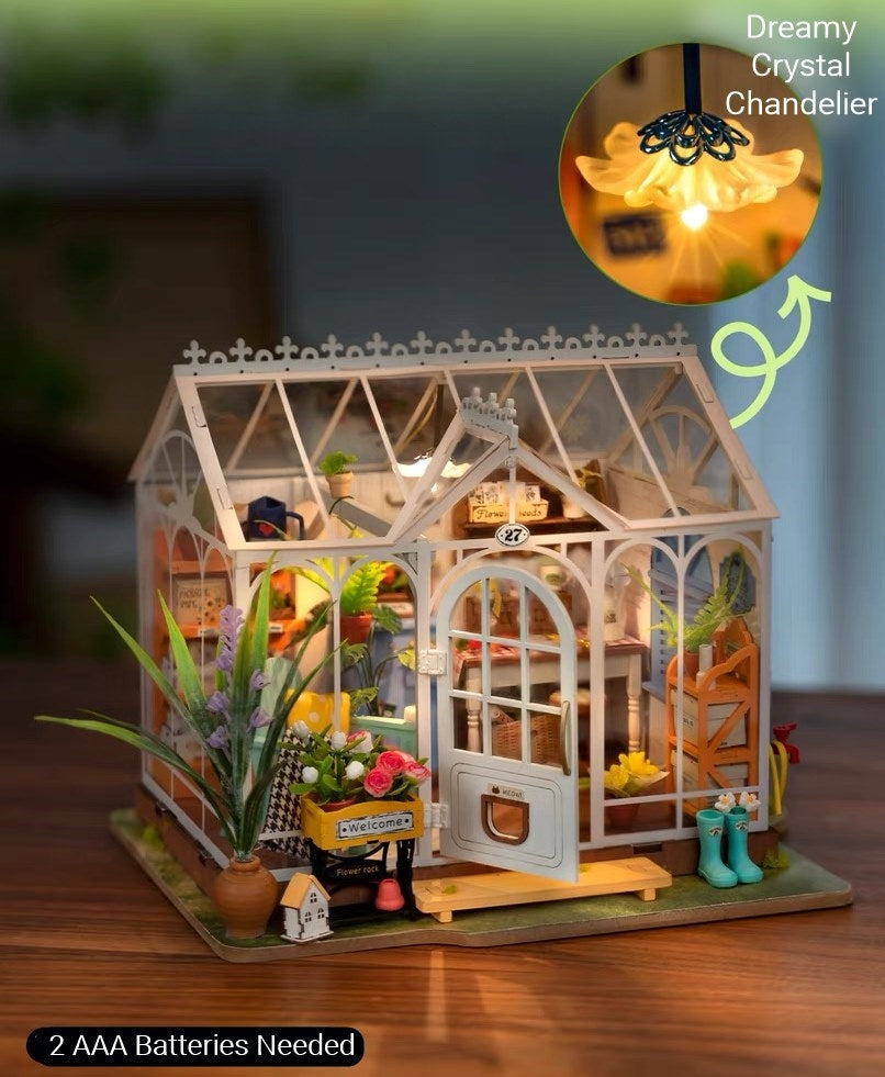 Dreamy Garden House DIY miniature house kit, A charming greenhouse themed home decor dollhouse, perfect for gifting, crafting enthusiasts and dollhouse or mini-scale model collectors alike.