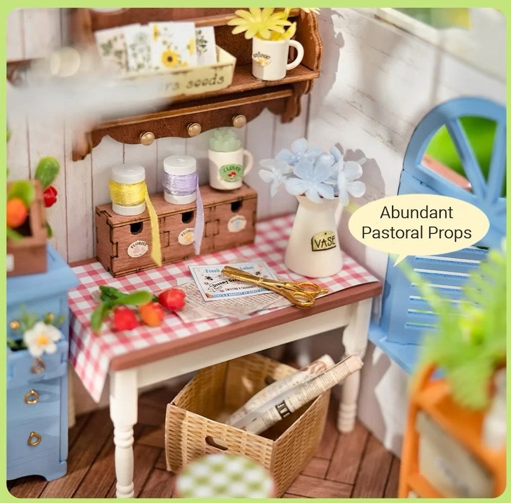 Dreamy Garden House DIY miniature house kit, A charming greenhouse themed home decor dollhouse, perfect for gifting, crafting enthusiasts and dollhouse or mini-scale model collectors alike.