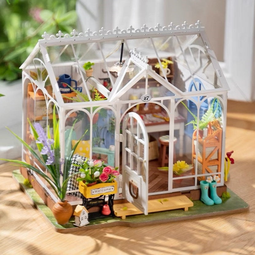 Dreamy Garden House DIY miniature house kit, A charming greenhouse themed home decor dollhouse, perfect for gifting, crafting enthusiasts and dollhouse or mini-scale model collectors alike.