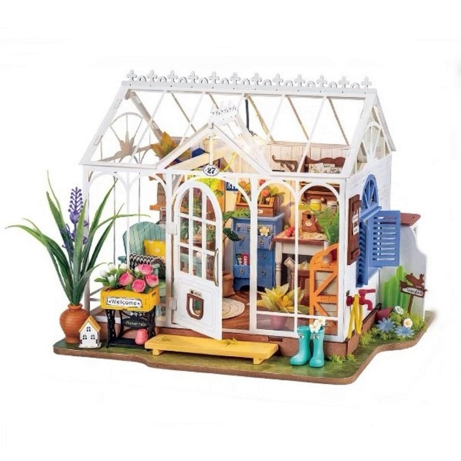 Dreamy Garden House DIY miniature house kit, A charming greenhouse themed home decor dollhouse, perfect for gifting, crafting enthusiasts and dollhouse or mini-scale model collectors alike.