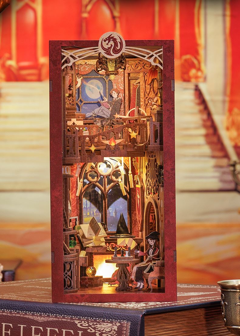 flame common room diy book nook - magic school 3d wooden bookend - harry potter bookshelf insert diorama - miniature crafts