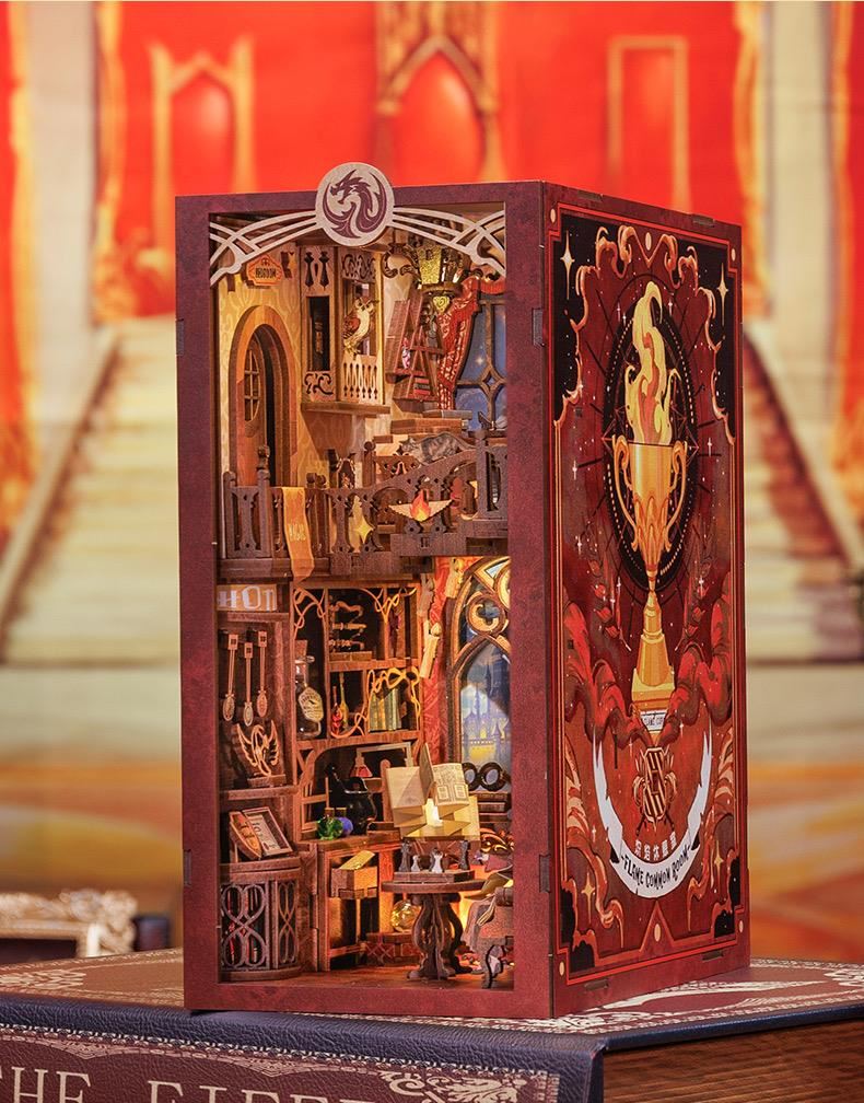flame common room diy book nook - magic school 3d wooden bookend - harry potter bookshelf insert diorama - miniature crafts
