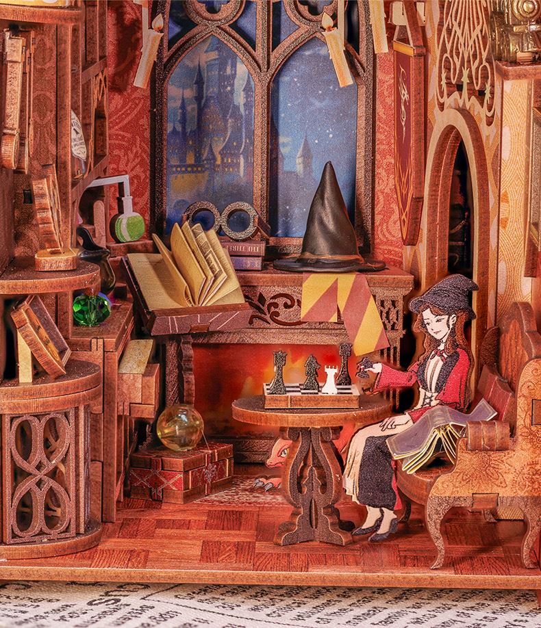 flame common room diy book nook - magic school 3d wooden bookend - harry potter bookshelf insert diorama - miniature crafts
