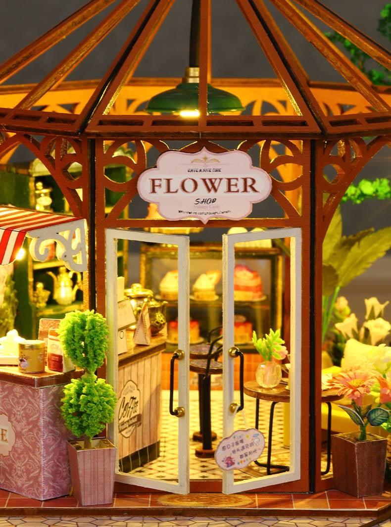 Flower House Coffee Shop DIY Miniature House Kit - A charming miniature coffee shop with floral accents, perfect for crafting enthusiasts and dollhouse collectors alike - details