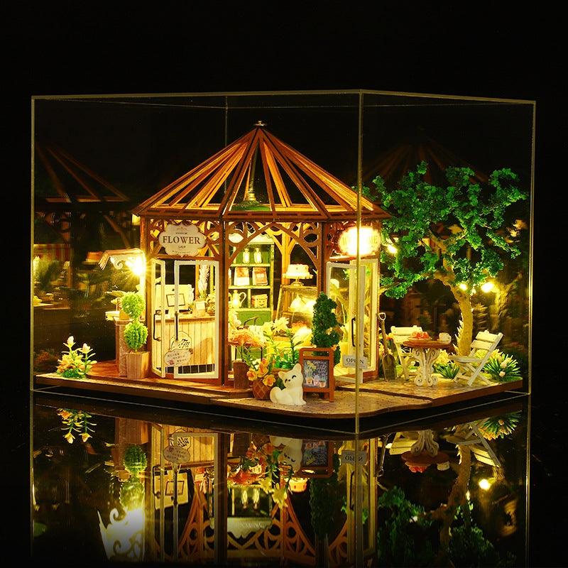 Flower House Coffee Shop DIY Miniature House Kit - A charming miniature coffee shop with floral accents, perfect for crafting enthusiasts and dollhouse collectors alike - dust cover