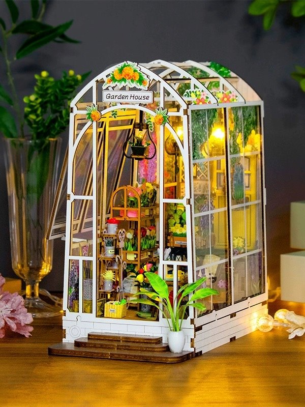 Garden House DIY Book Nook Kit - 3d wooden book end puzzles - bookshelf inert diorama - assembly miniature crafts