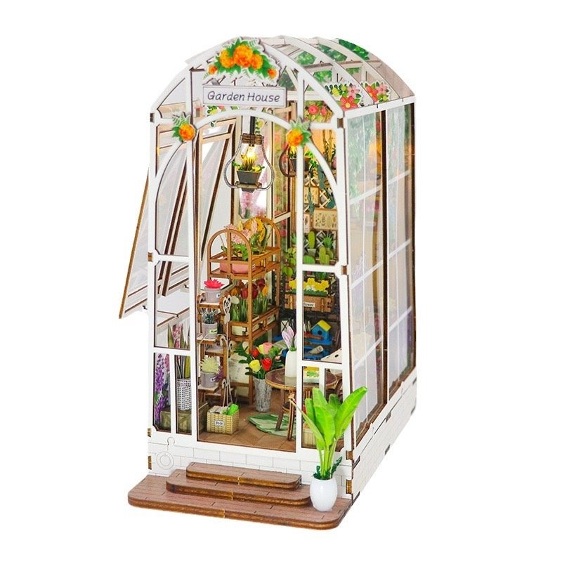 Garden House DIY Book Nook Kit - 3d wooden book end puzzles - bookshelf inert diorama - assembly miniature crafts