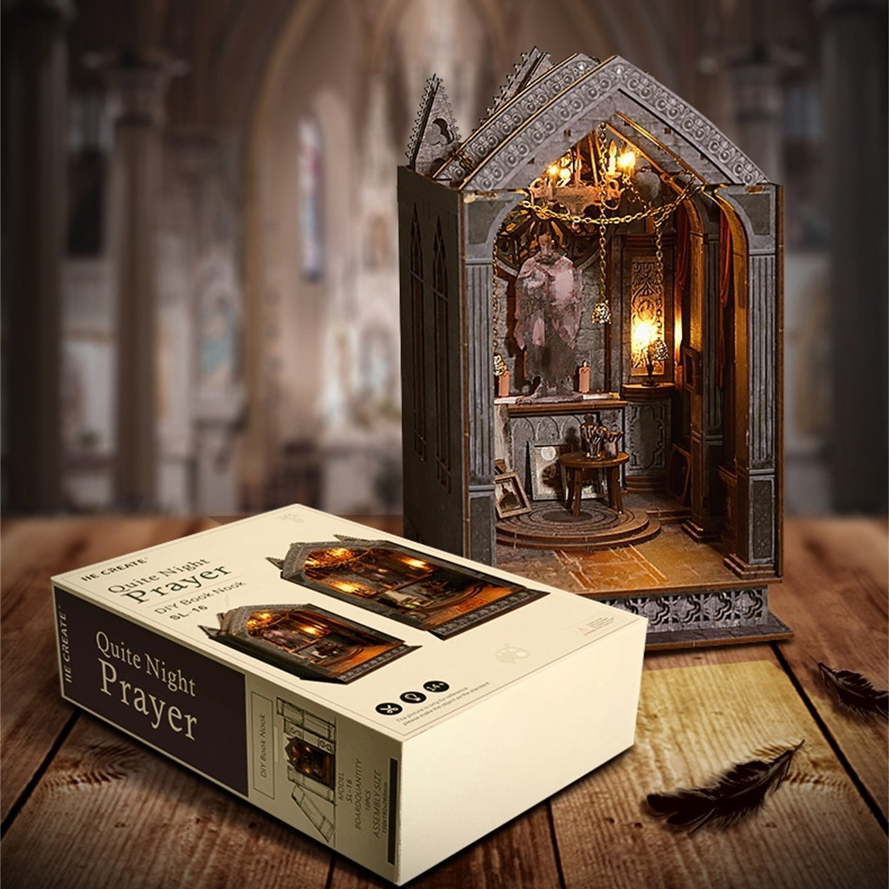 Quiet Night Prayer | DIY Book Nook Kit | Gothic Architecture Inspired 3D Wooden Bookend | Bookshelf Insert Diorama | Miniature Crafts